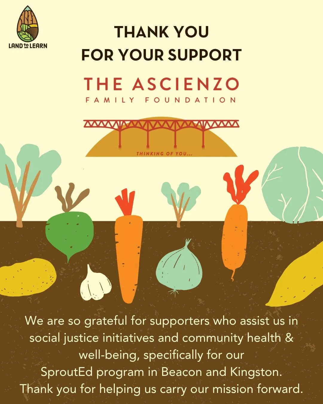 We are so grateful for the @ascienzofamilyfdn who support us in social justice initiatives and community health &amp; well-being, specifically for our SproutEd program in Beacon and Kingston.