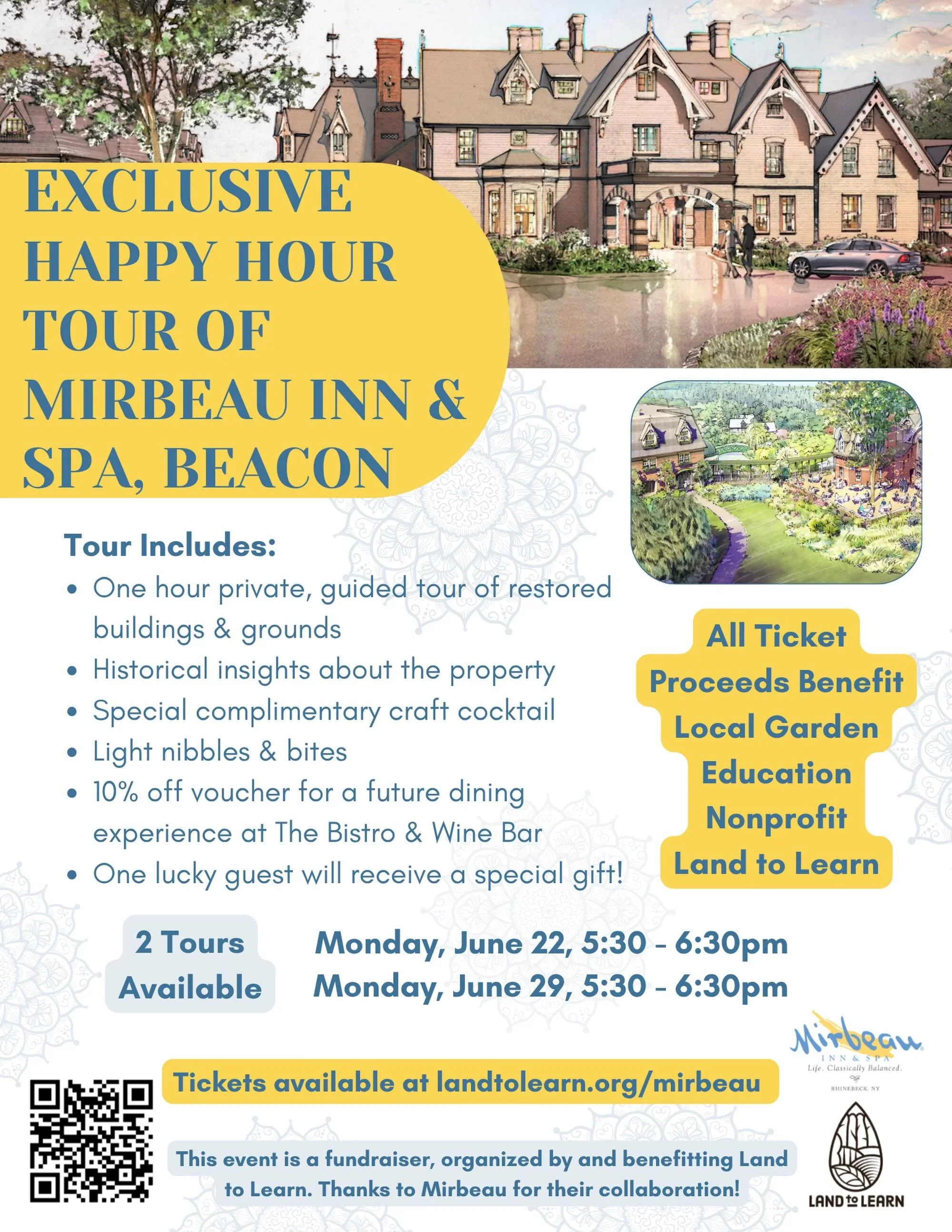 Curious about the new Mirbeau Inn &amp; Spa at the former Tioronda Estate in Beacon? Join us for an exclusive, private happy hour tour on Monday, June 22 or Monday, June 29 from 5:30-6:30pm for a guided walk through of the restored buildings and grou
