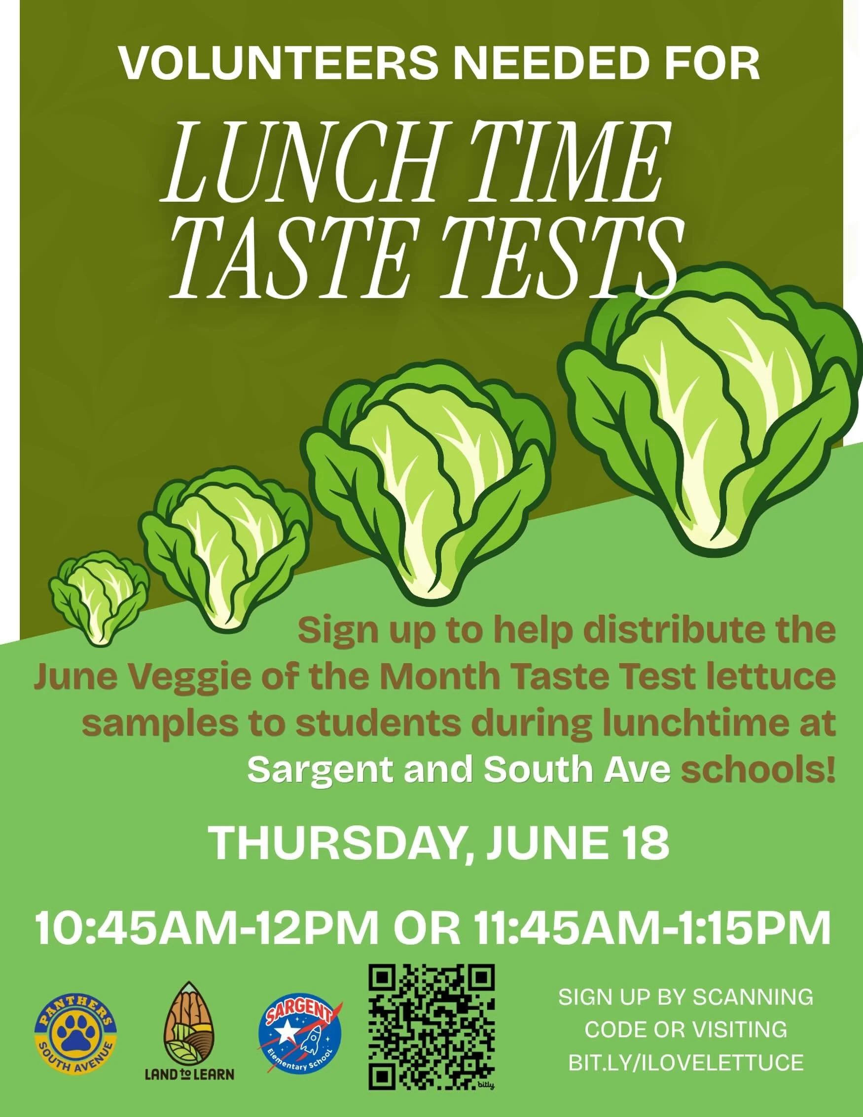 Looking for cafeteria taste test volunteers to help distribute lettuce samples to students during lunchtime at @sargentstars Sargent Elementary School and @southaveschool South Avenue Elementary School on June 18! Bit.ly/ilovelettuce
