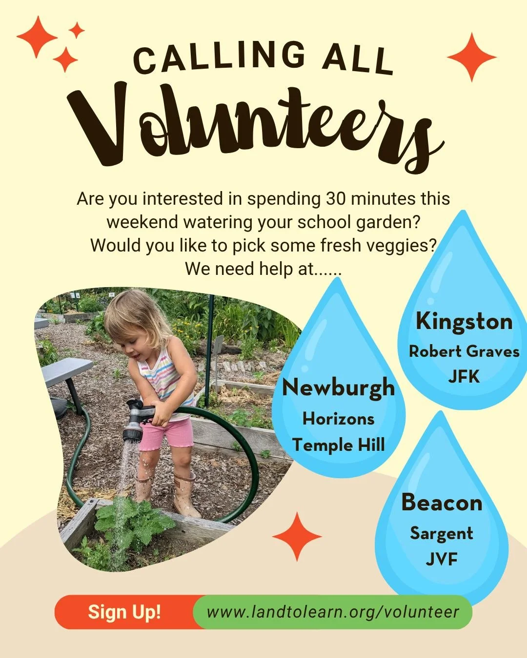 Sign up today to water your school garden! A great family activity - cool down and give the garden a much-needed drink! And pick some fresh veggies while you're at it! Sign up at www.landtolearn.org/volunteer