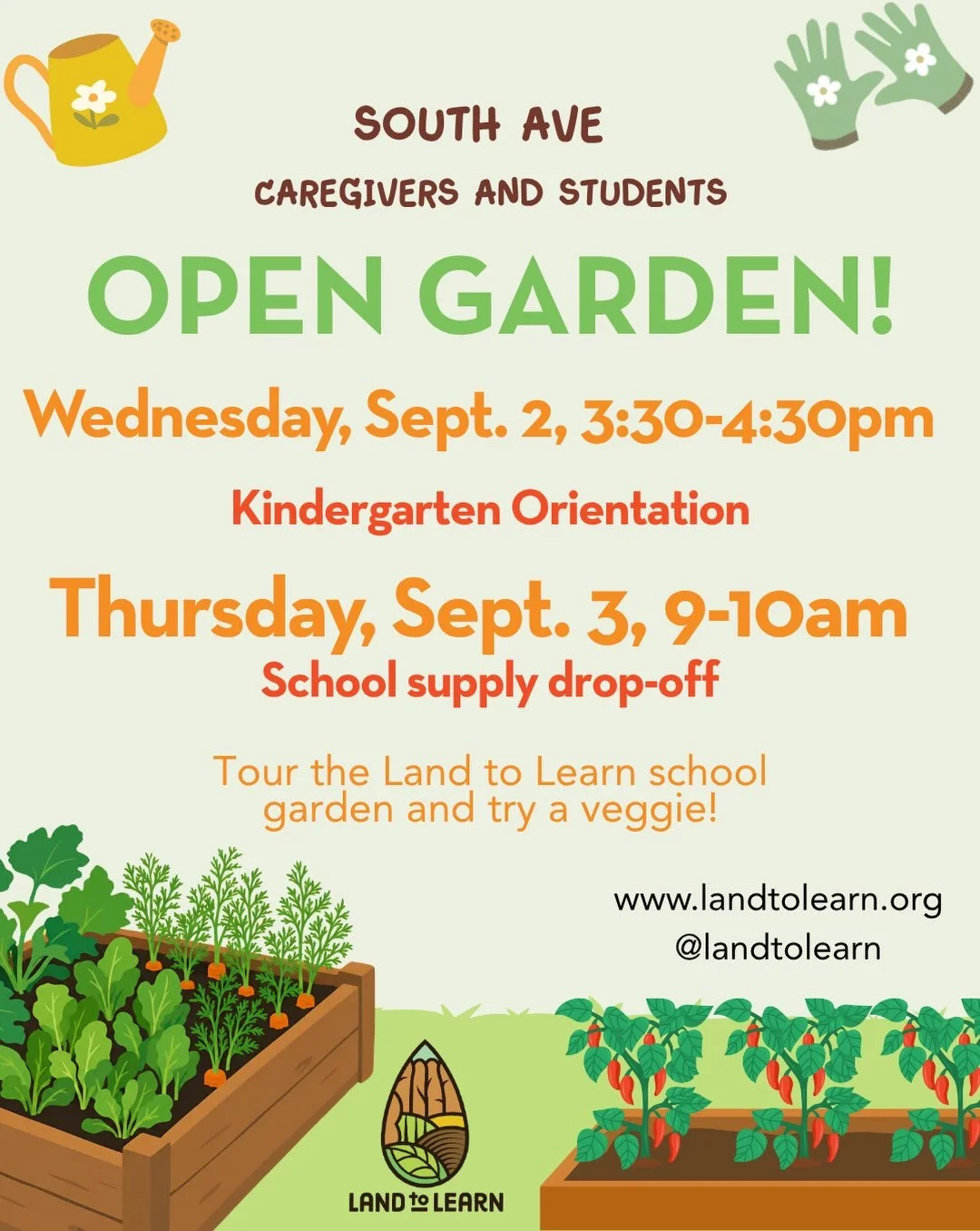 @beaconcityschool elementary families! @southaveschool @sargentstars @glenham_tigers @jvffalcons Stop by your school&rsquo;s Land to Learn garden Wednesday during K orientation or Thursday for school supply drop off and take a walk through the school