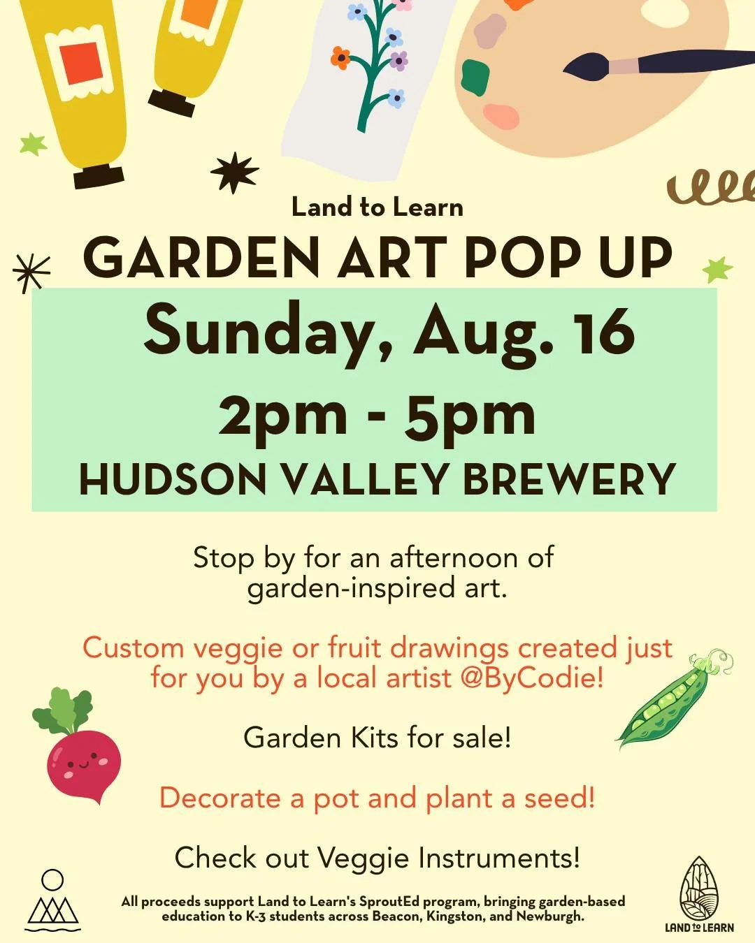 TODAY!! ~GARDEN ART POP UP~ 🫛🫜
Join us for an afternoon of art inspired by gardens! Artist @bycodie will be creating custom veggie or fruit drawings on request. Kids can decorate a flower pot and plant a seed, and check out some veggie instruments!