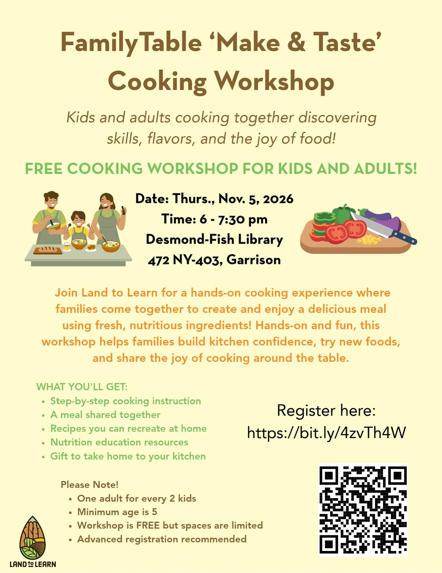 We had so much fun at our FamilyTable Make &amp; Taste Cooking Workshop at the @beaconlibrary sponsored by @central_hudson this week! Join us for our next FREE workshop next month in Garrison! Register at bit.ly/4zvTh4W
Join Land to Learn for a hands