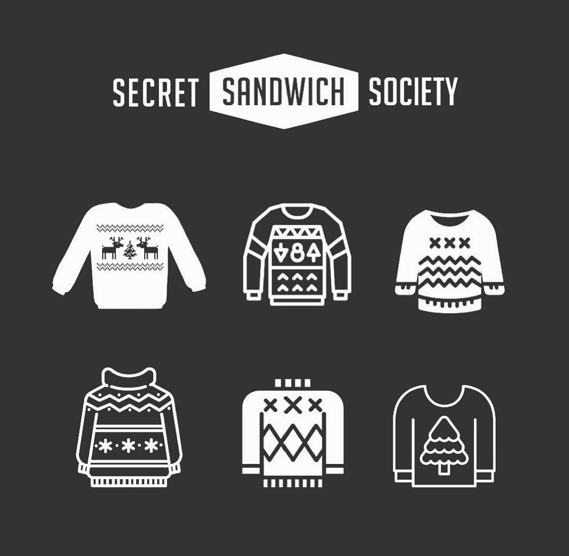 Ugly Sweater Day! Wear your holiday sweater to SSS today and receive 15% off of your bill. Grab your festive wear and get into the spirit! (Check out our Secret Spirits cocktail menu, too! Smoked Old Fashioned, anyone? 🥃)
&bull;
#secretsandwichsocie