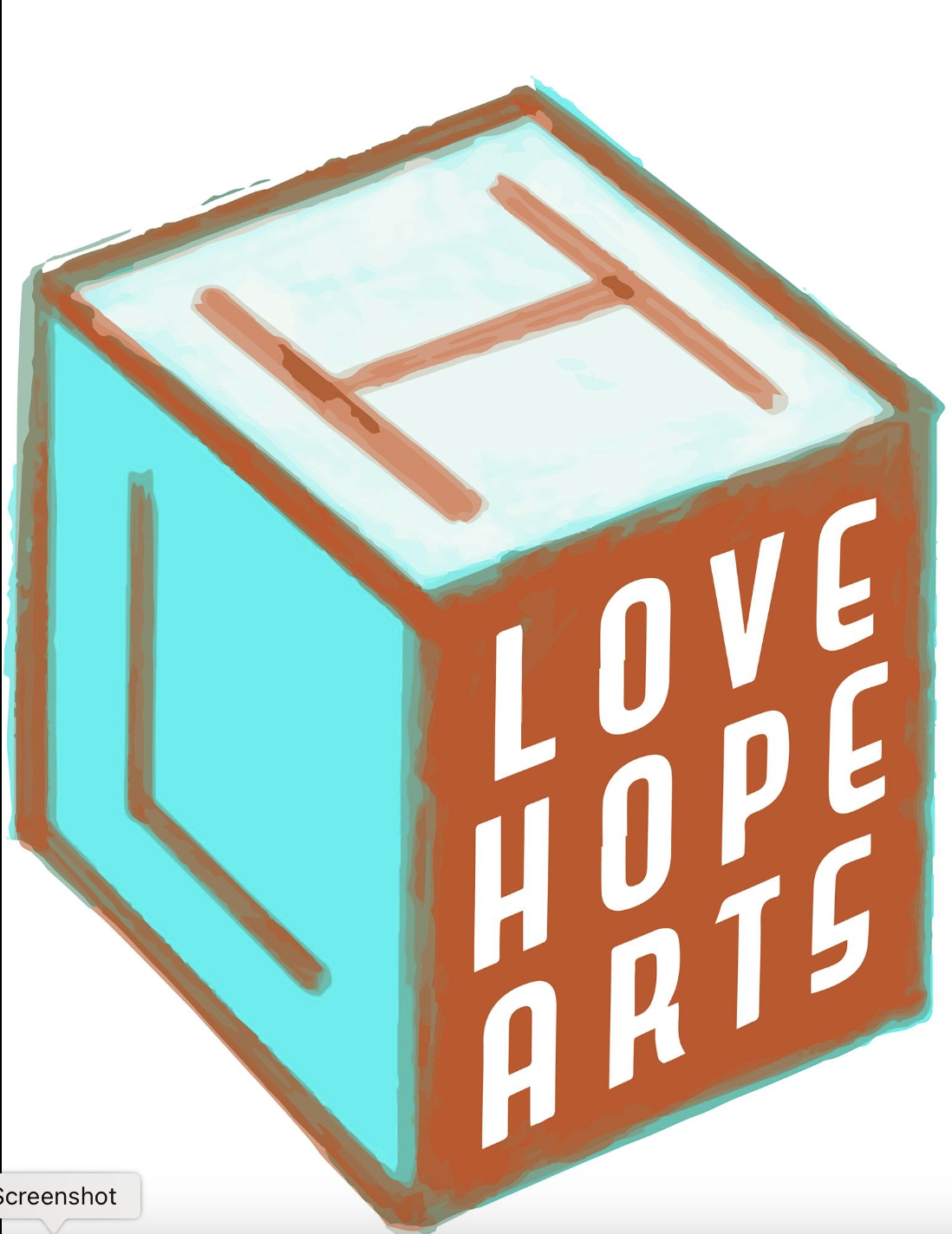 A drawing of a box with the words 'LOVE HOPE ARISE' on its side, symbolizing a message of positivity and encouragement.