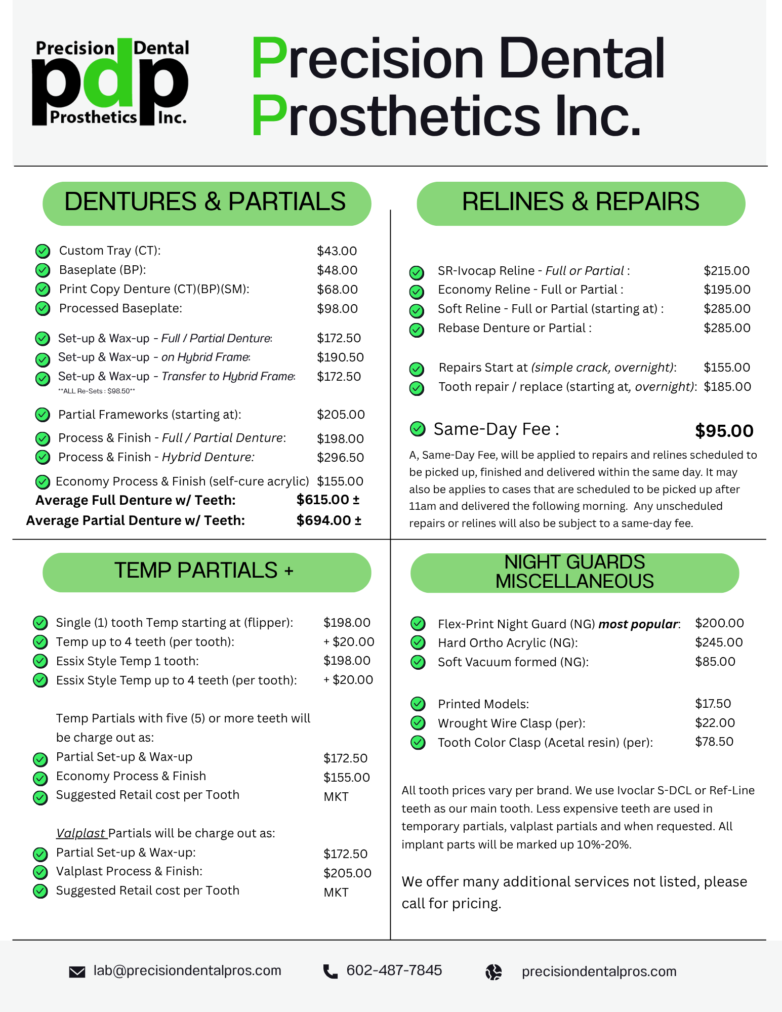 A detailed pricing guide from Precision Dental Prosthetics Inc. listing costs for dentures, partials, relines, repairs, night guards, nighttime miscellaneous services, and implant parts, with contact information at the bottom.