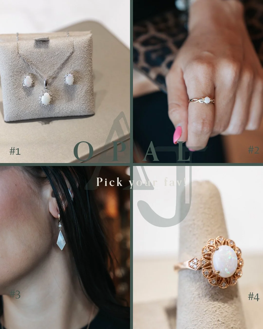 October sparkle, four ways 🌈✨⁠
#1 Classic opal set⁠
#2 Dainty gold ring⁠
#3 Sleek drop earrings⁠
#4 Vintage-inspired statement⁠
Which opal piece would you choose? 👇⁠
⁠
#opal #octoberbirthstone #austenjewellers #okotoks #shoplocal #finejewellery #th