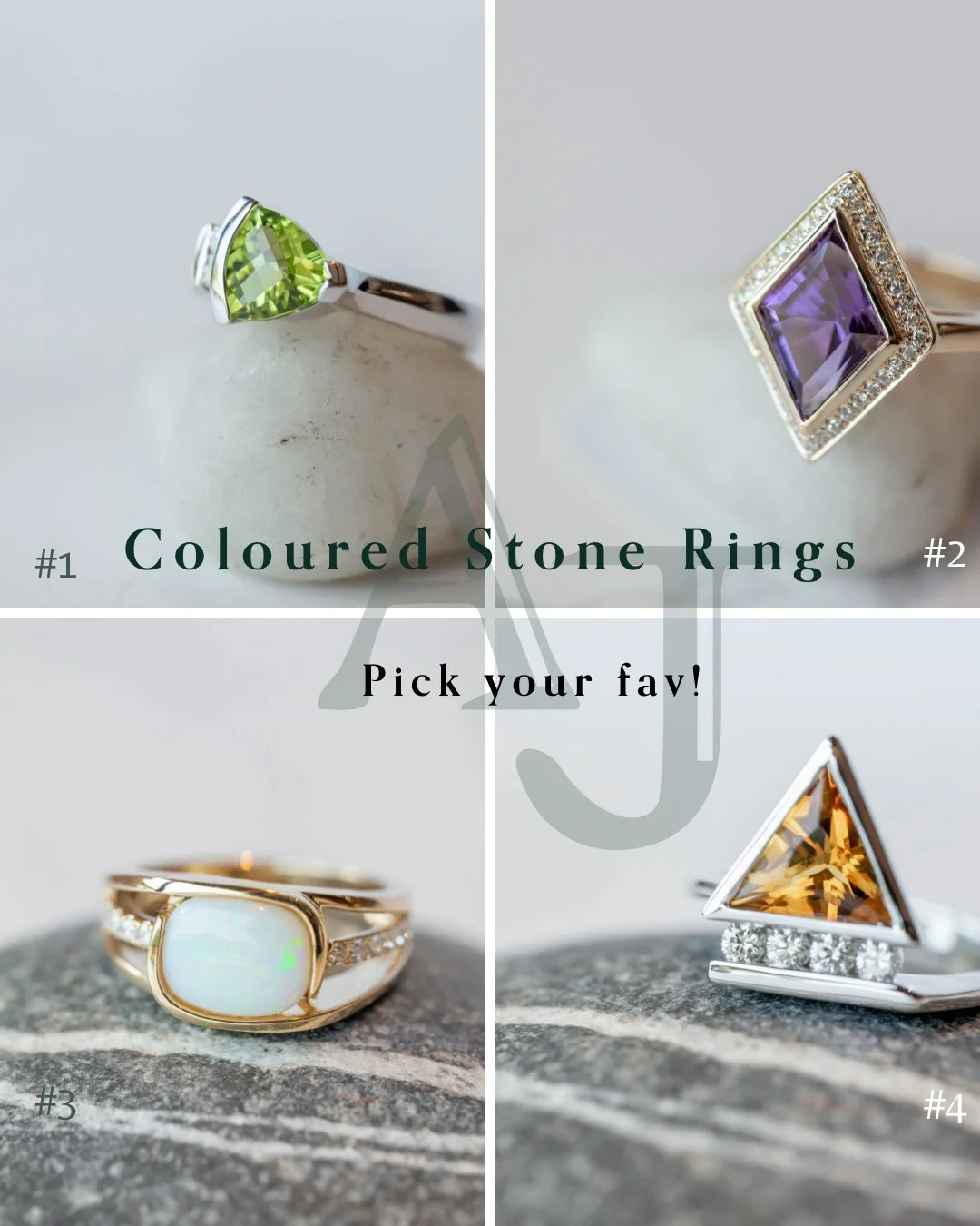A pop of colour, a dash of sparkle ✨💎⁠
#1 Zesty green peridot⁠
#2 Bold purple amethyst⁠
#3 Dreamy opal⁠
#4 Golden citrine⁠
Which gemstone ring would you choose? 🍂👇⁠
⁠
#colouredstones #gemstonerings #opal #peridot #amethyst #citrine #austenjeweller