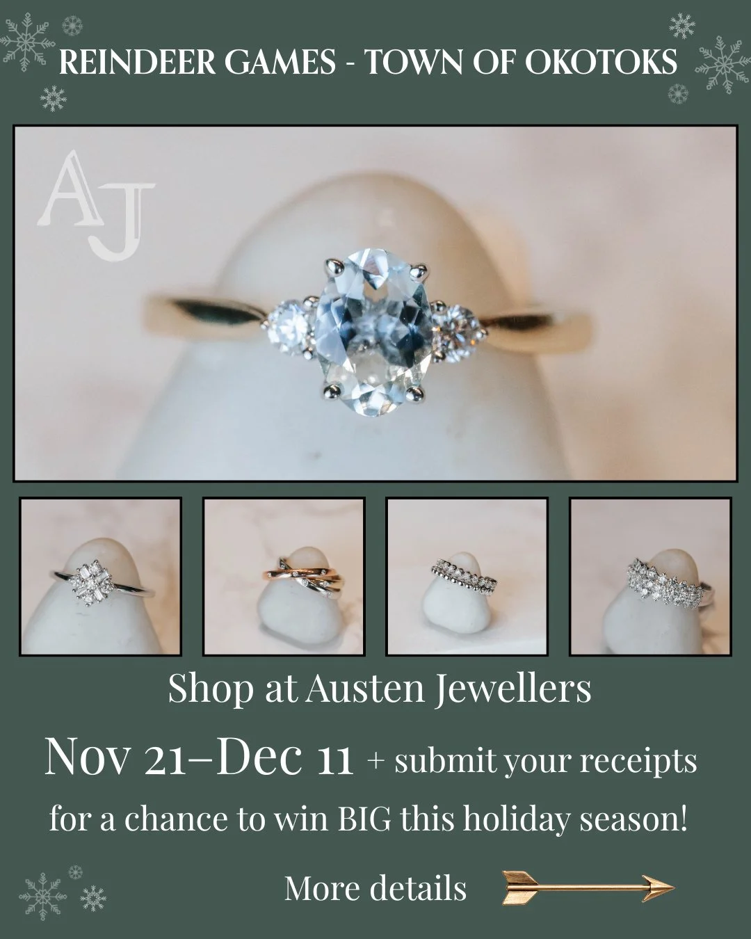 Austen Jewellers is officially part of the Okotoks Reindeer Games! 🎄💎⁠
⁠
Shop local with us from Nov 21&ndash;Dec 11 and your receipts can win you weekly $250 gift cards &mdash; plus a $500 grand prize!⁠
⁠
More sparkle, more entries ✨⁠
⁠
Let&rsquo;