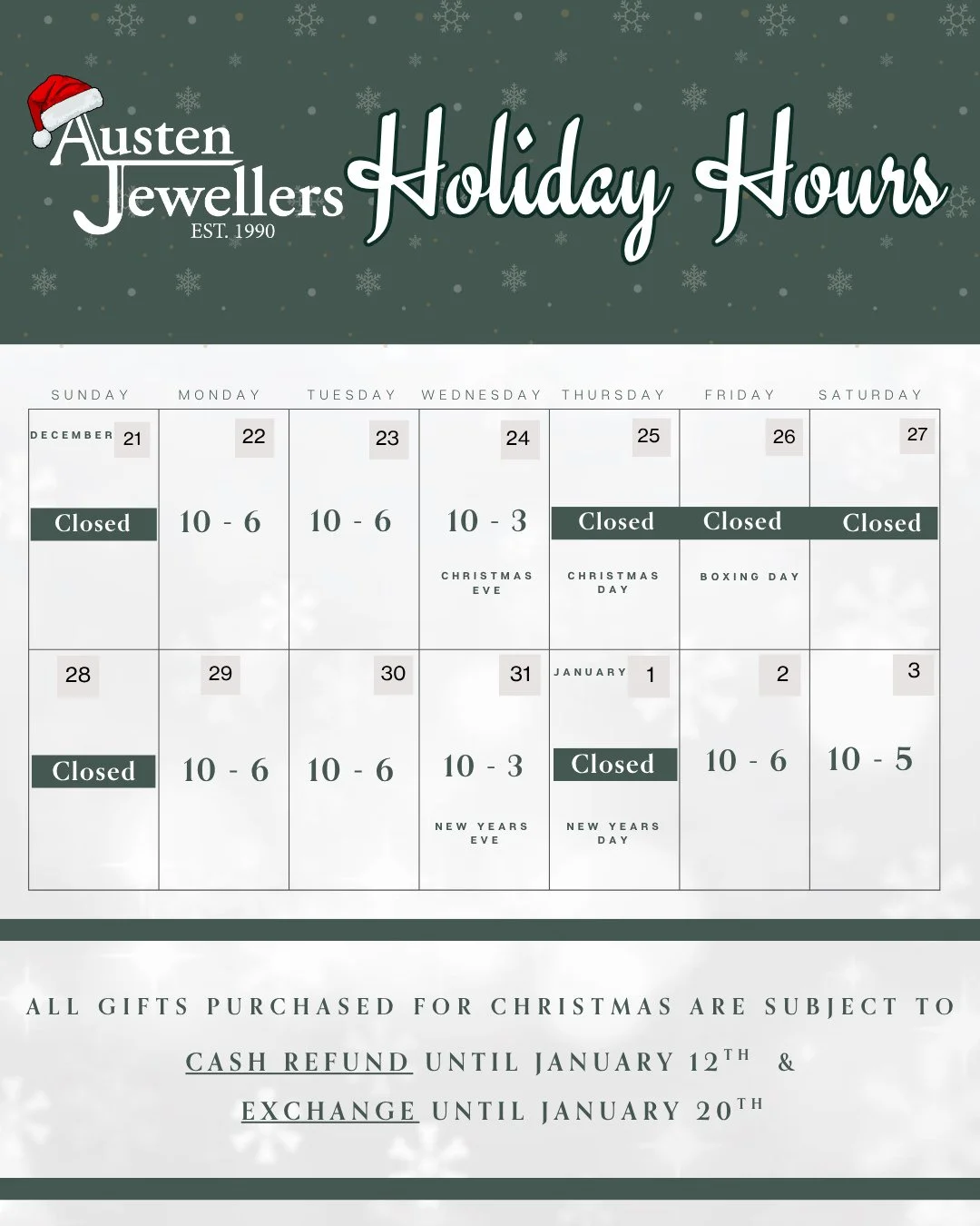 Our holiday hours are here! 🎄💎⁠
Whether you&rsquo;re picking up last-minute gifts or planning your New Year sparkle, we&rsquo;re here to help make the season shine.⁠
Wishing you a warm, joyful, and beautifully bright holiday season from all of us a