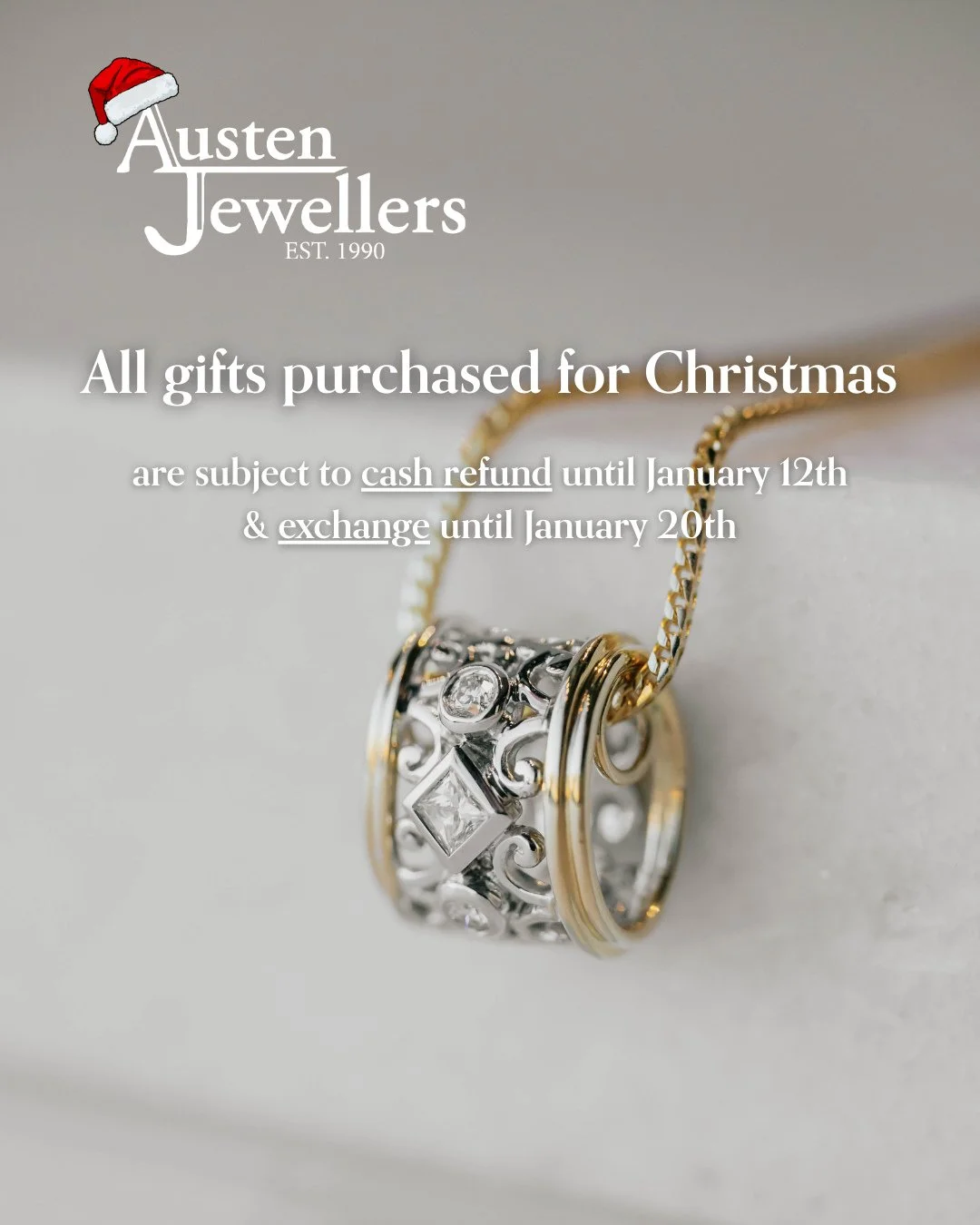 Holiday shopping made easy ✨⁠
All gifts purchased for Christmas are eligible for cash refund until January 12th and exchange until January 20th.⁠
⁠
Shop with confidence this season 💛⁠
⁠