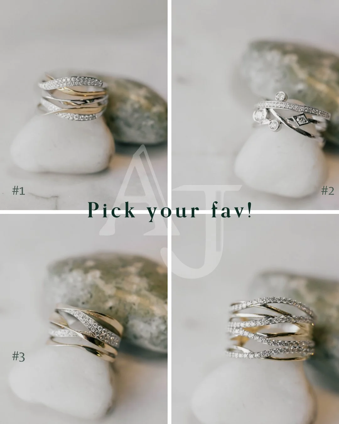 A little sparkle to start the year right 💫⁠
Our newest multi-row bands are designed to shine from every angle.⁠
Tell us your favourite: 1, 2, 3, or 4⁠
⁠
#thisorthat #austenjewellers #ringsofinstagram #newstock