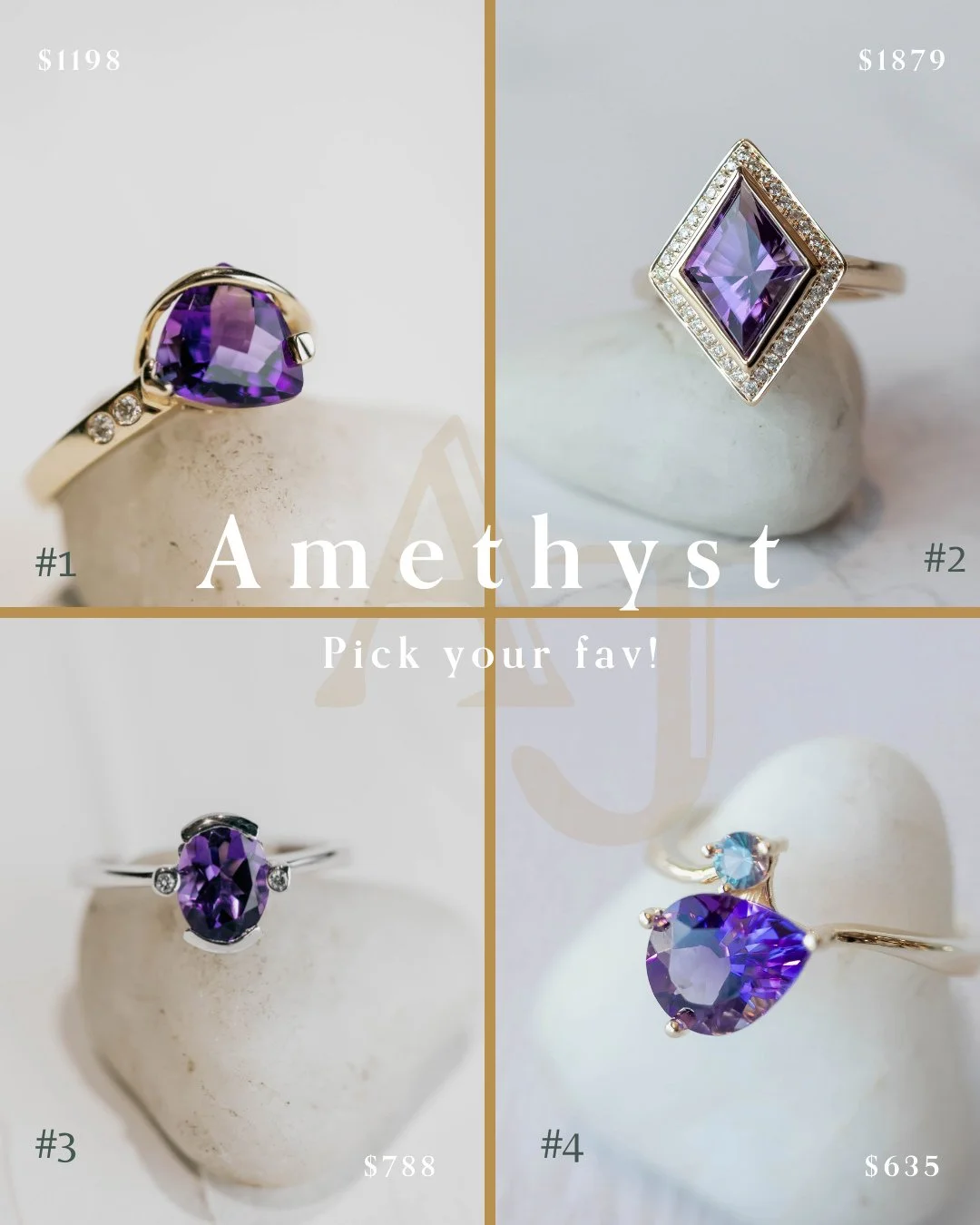 Amethyst This or That 💜⁠
Bold cuts, soft sparkle, or something in between.⁠
Which one&rsquo;s calling your name?⁠
#1 #2 #3 or #4 ✨