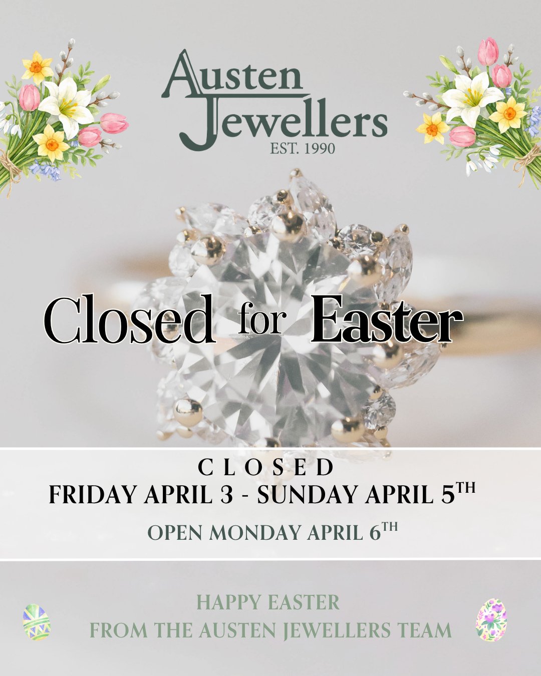 We will be closed for Easter weekend 🐣⁠
⁠
Friday April 3 &ndash; Sunday April 5⁠
We&rsquo;ll be back and ready to welcome you on Monday April 6 🤍⁠
⁠
Wishing you a beautiful Easter filled with love, family, and a little sparkle.⁠
⁠
#austenjewellers 