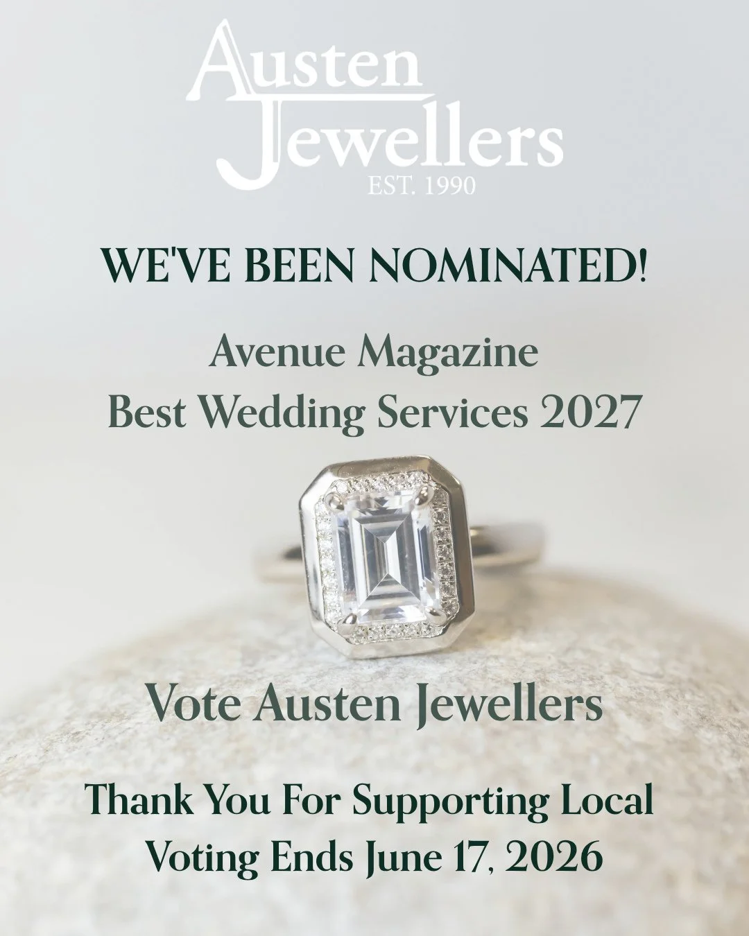 ✨ We&rsquo;re honoured to share that Austen Jewellers has been nominated in Avenue Magazine's Best Wedding Services 2027 Readers' Choice Awards! ✨⁠
If we've helped you find the perfect engagement ring, wedding bands, custom bridal jewellery, or been 