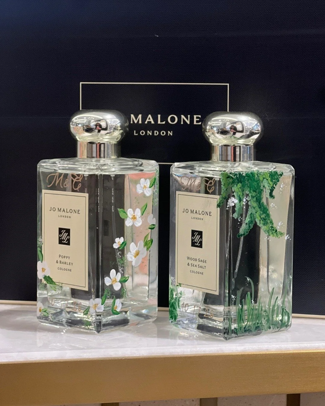 Floral bottle painting and engraving for Jo Malone London 🤍  One couple loved my artwork so much that they decided to purchase their wedding fragrance early, just so I could paint and engrave the bottles, even though their wedding isn&rsquo;t until 