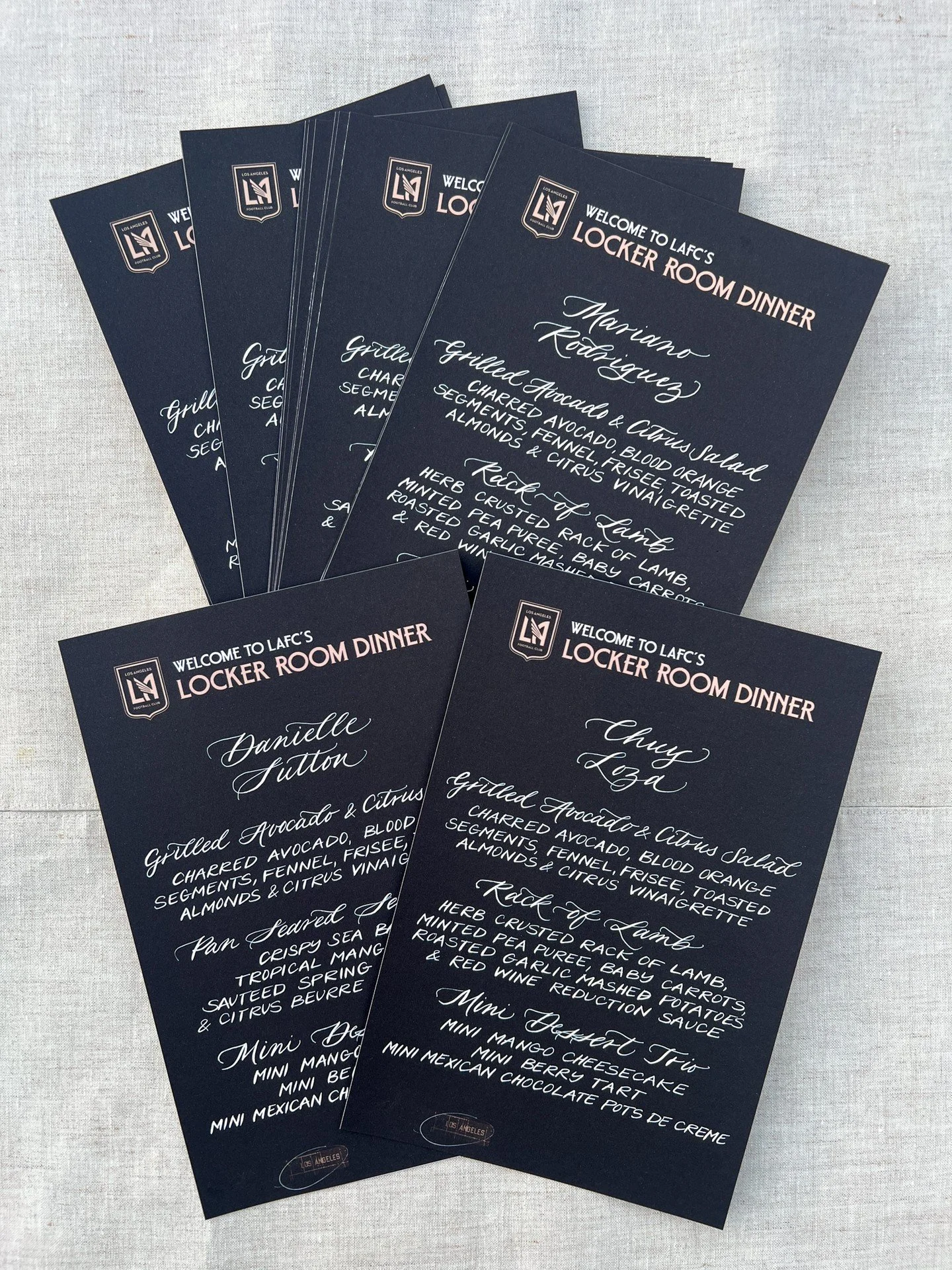 Custom calligraphy menus for a private Los Angeles Football Club dinner🏈 Thank you for the opportunity @lafc
.
.
.
#customcalligraphy #losangelescalligrapher #personalizedgifts #experientialmarketing #brandactivation