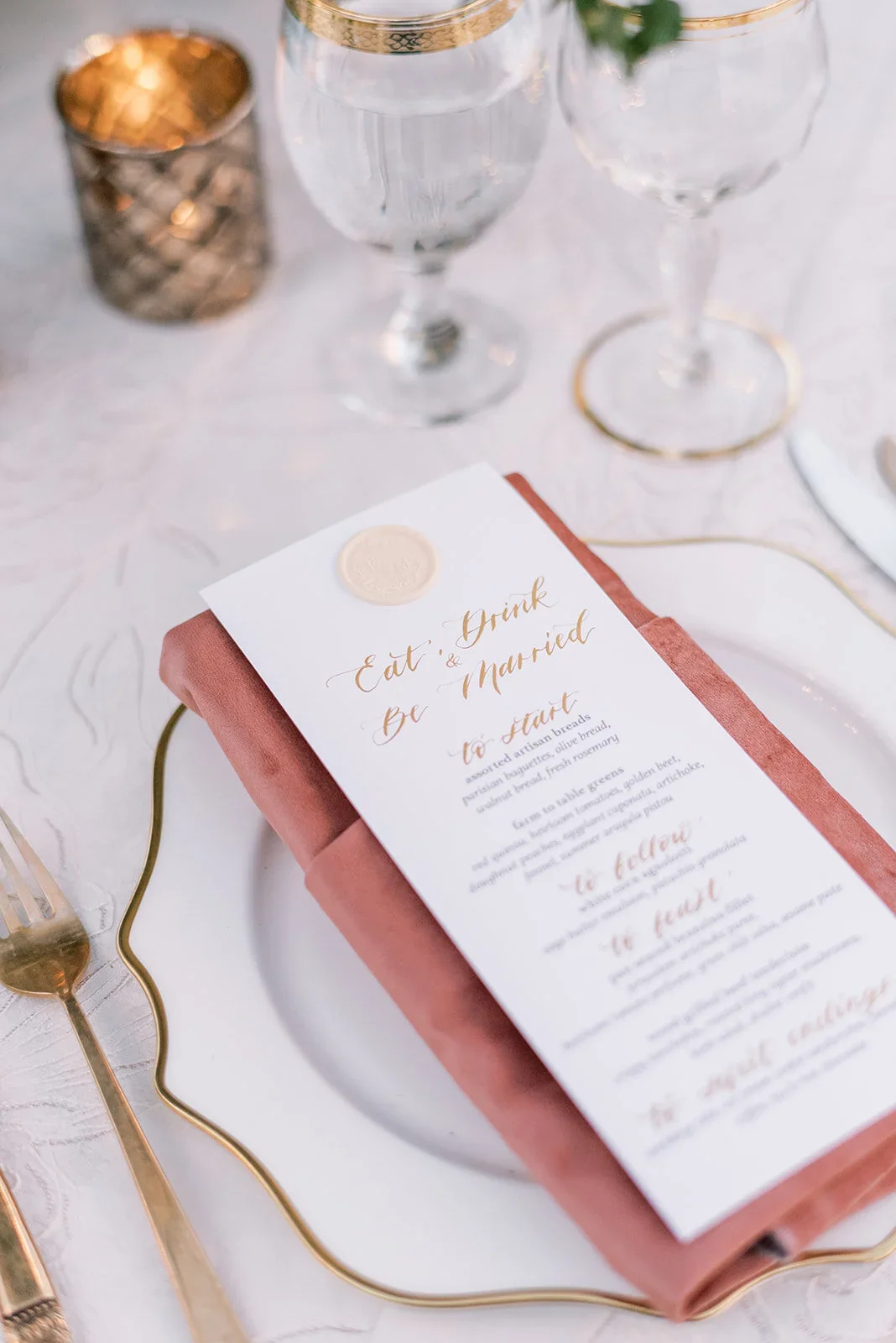 Saddlerock Ranch wedding menu with hand-drawn calligraphy embellishment