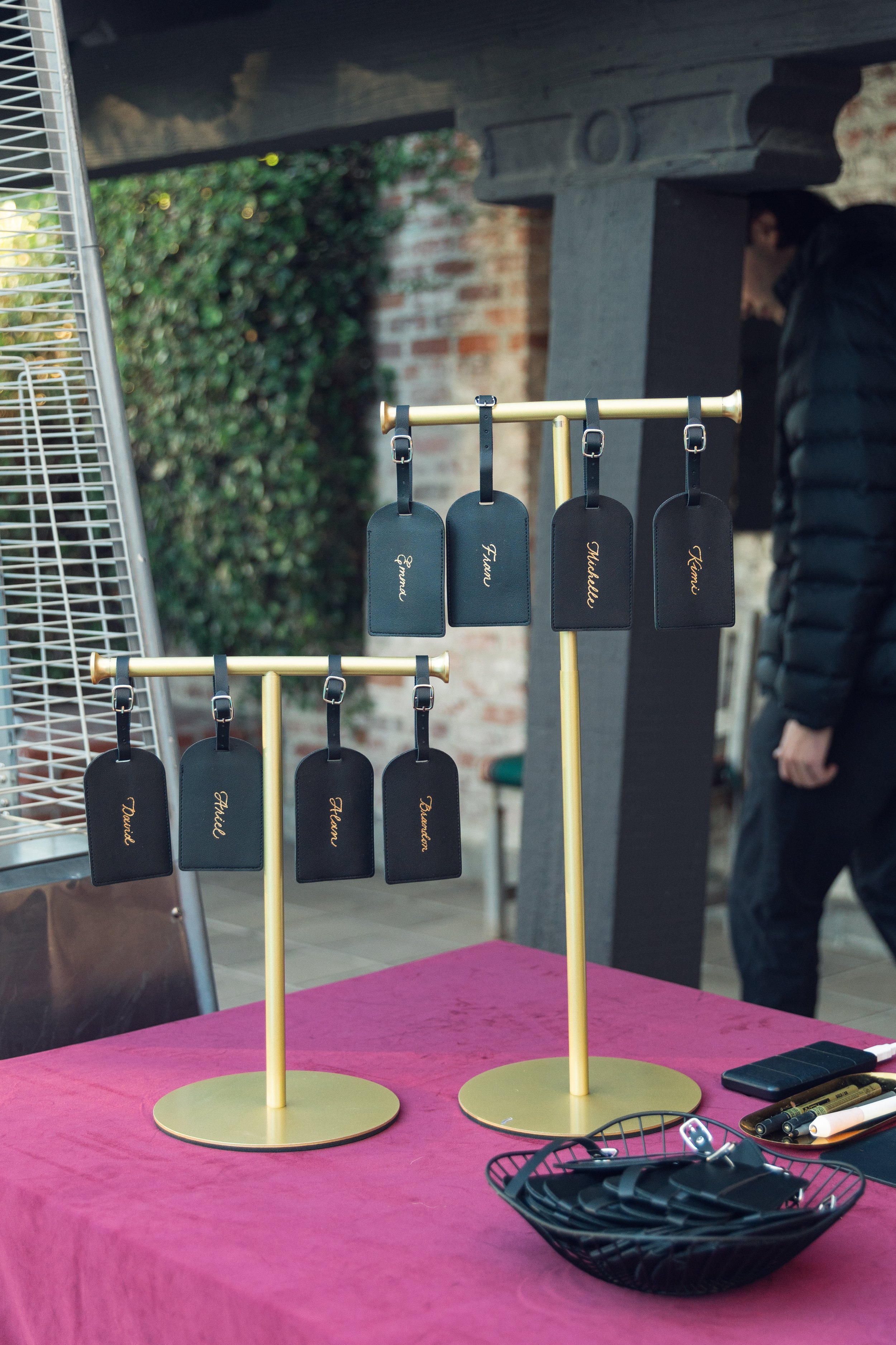 leather luggage tags with custom calligraphy heat foiling