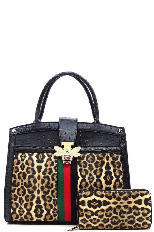 BLACK Queen Bee Stripe 2-In-1 Safari Print Satchel