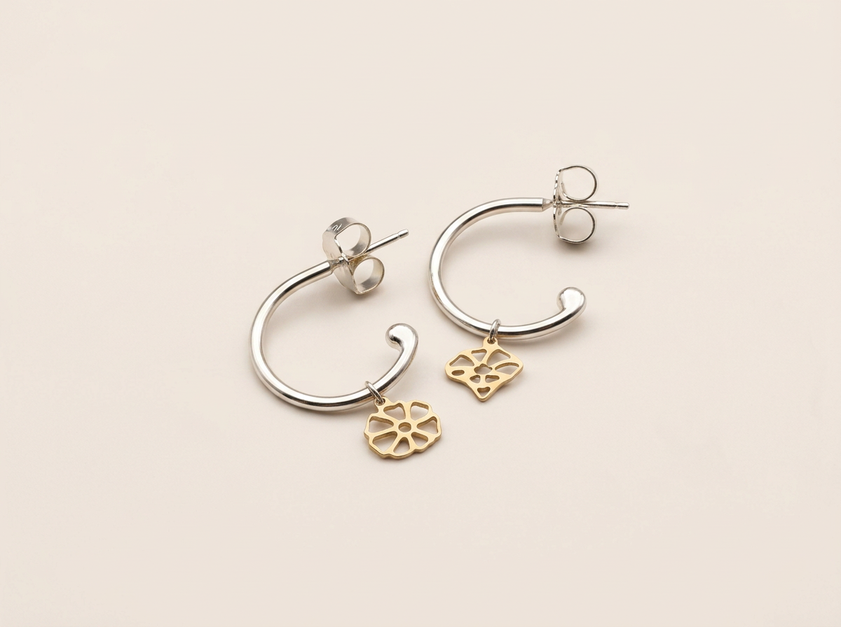 Hammered Flower mini charm open hoops
