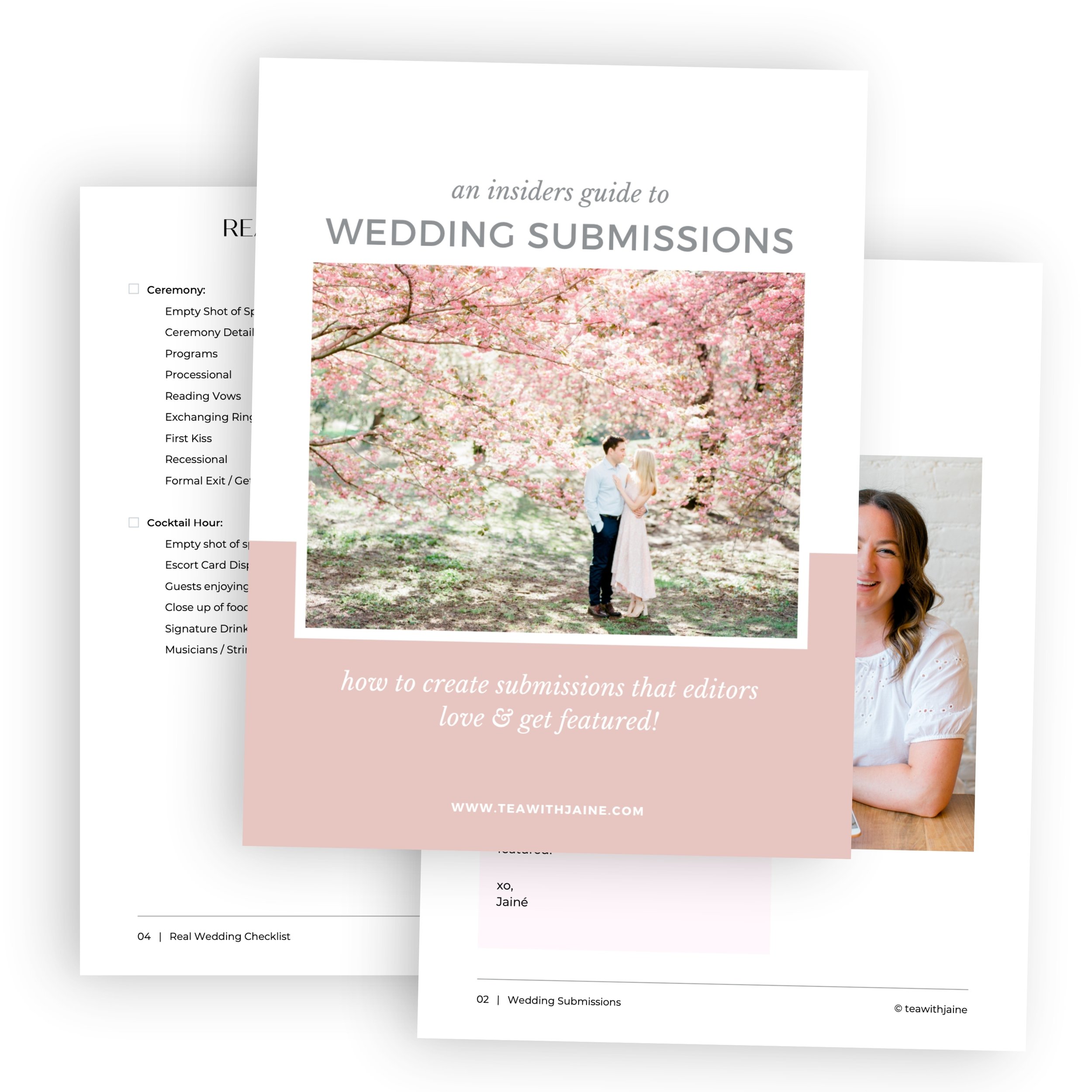 A book cover titled "An Insider's Guide to Wedding Submissions" featuring a bride and groom standing under pink cherry blossom trees.