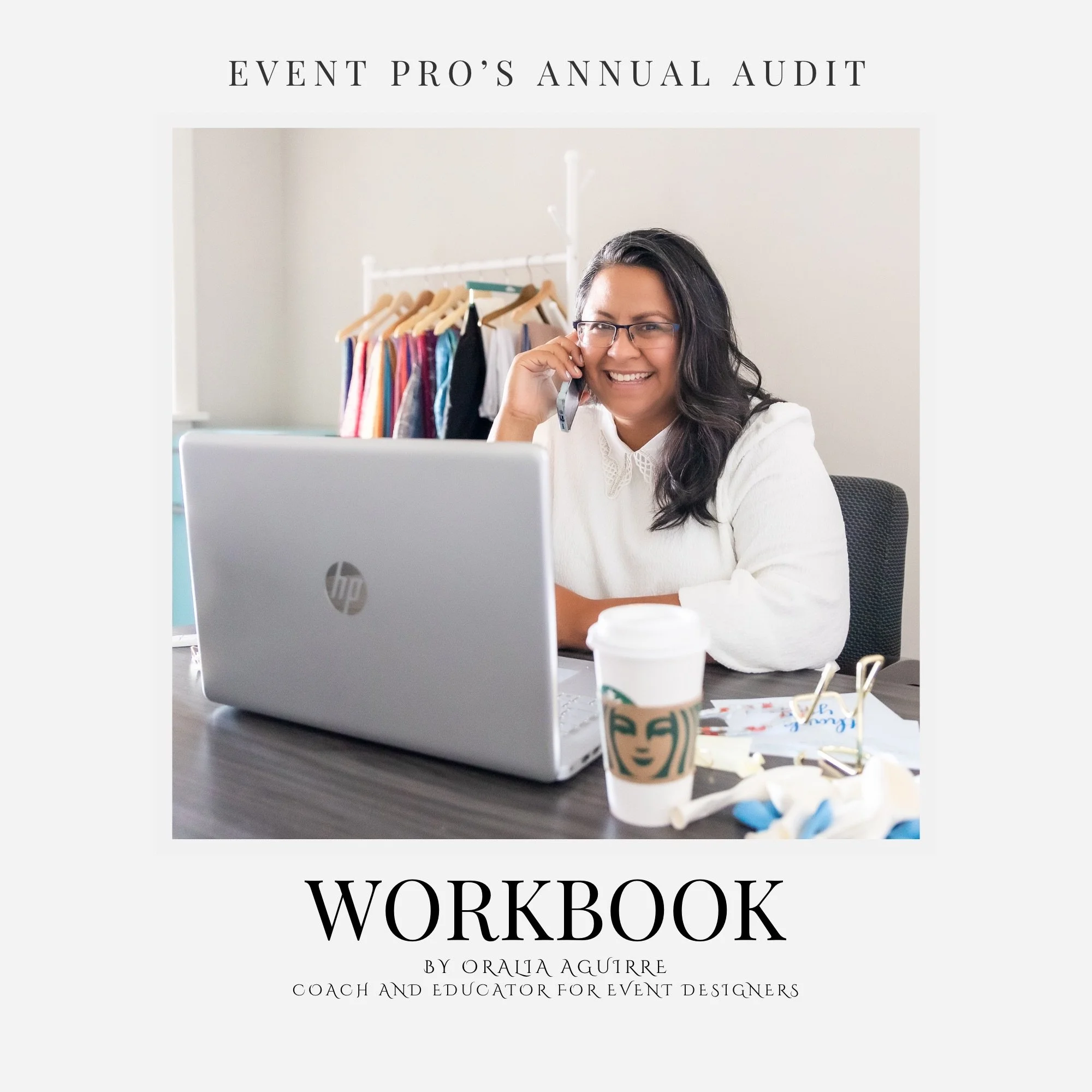 Cover of a workbook titled 'Event Pro's Annual Audit' featuring a smiling woman with glasses talking on the phone, working on a laptop in a workspace with a rack of colorful clothes in the background and coffee on the desk.
