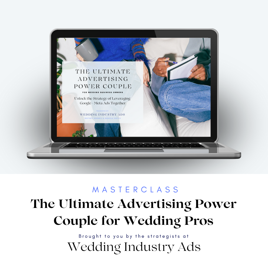 A laptop displaying a seminar on advertising strategies for wedding industry professionals, with the title "The Ultimate Advertising Power Couple for Wedding Pros"
