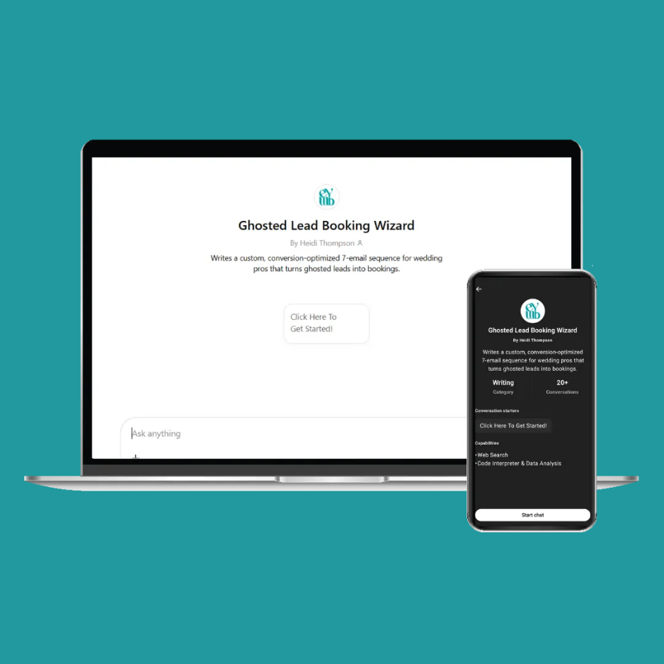 Laptop and smartphone displaying a website called Ghosted Lead Booking Wizard, which offers a custom ebook sequence for wedding pros to turn leads into bookings.