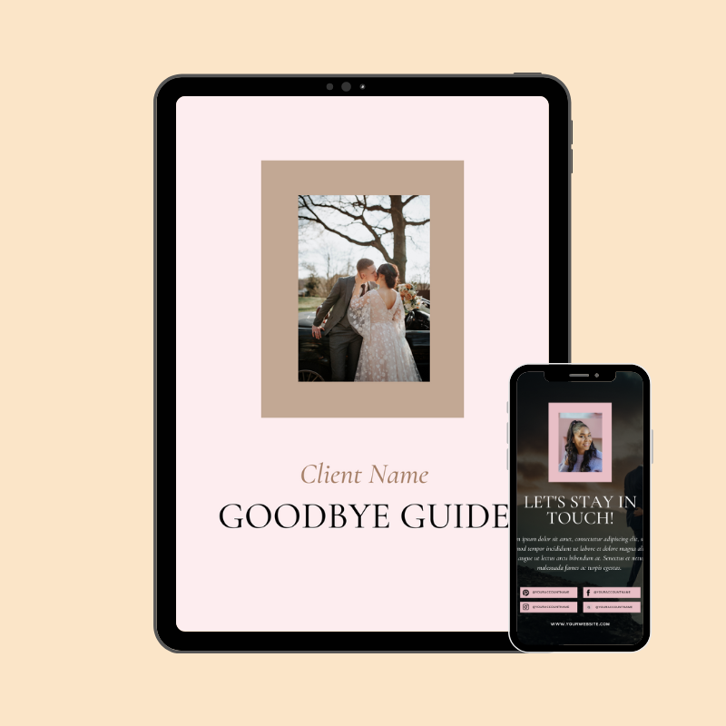 A digital farewell guide displayed on a tablet with a wedding photo of a couple on the cover, and a smartphone showing an Instagram post with a woman's photo and the text "LET'S STAY IN TOUCH!"