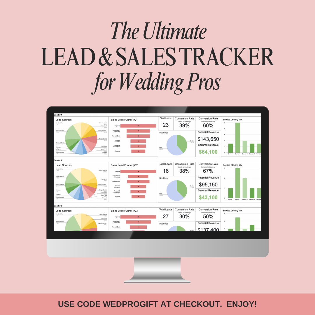 A computer monitor displaying a lead and sales tracker for wedding professionals, showing charts, graphs, and data on lead sources, sales funnels, and revenue, set against a pink background with promotional text at the bottom.