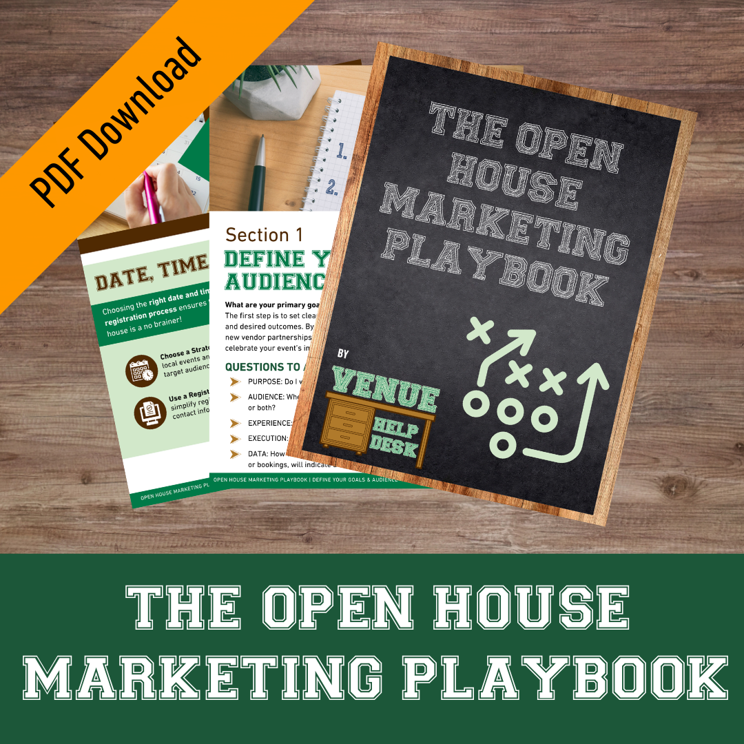 Cover of 'The Open House Marketing Playbook' with a chalkboard design, a small 'Venue Help Desk' sign, and marketing materials on a wooden table.