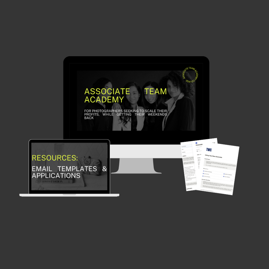 Digital graphic featuring a desktop computer with the text 'ASSOCIATE TEAM ACADEMY' and a group of women, a laptop with the text 'RESOURCES: EMAIL TEMPLATES & APPLICATIONS', and two sheets of paper, all on a dark background, promoting a photography t