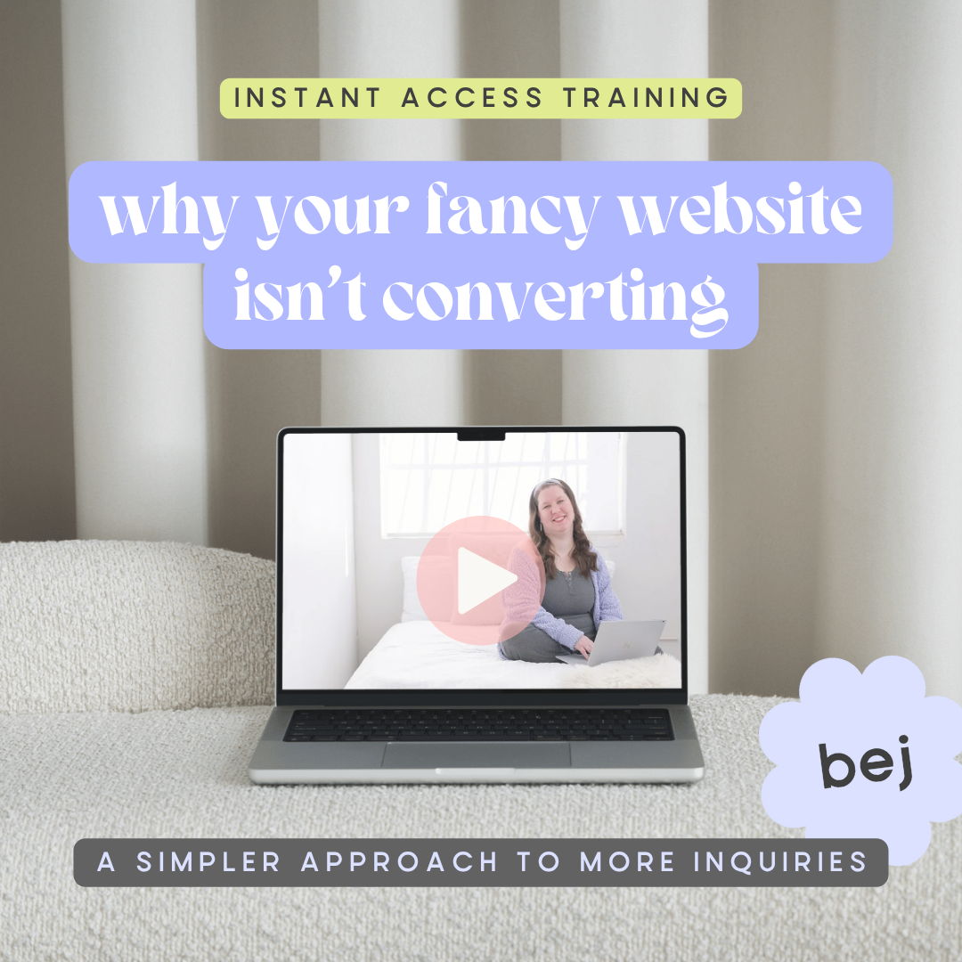 Online video training advertisement with a laptop showing a woman smiling with a laptop, texts about website conversion, and graphic design elements