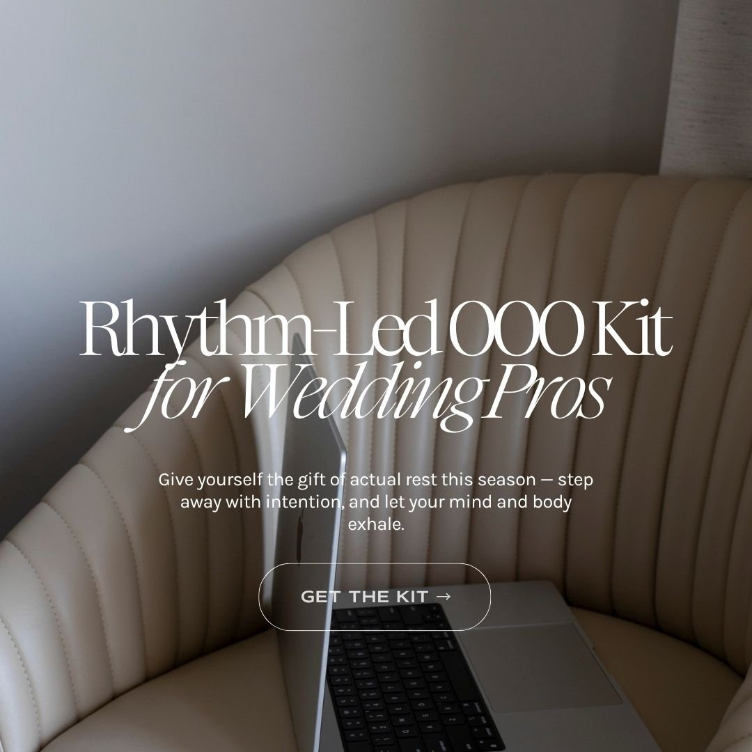 A cozy corner with a view of a cream-colored, upholstered, curved chair and a laptop partially open resting on it. Overlaid text promotes a Rhythm-Led OOOK Kit for Wedding Pros, encouraging rest and mindfulness.