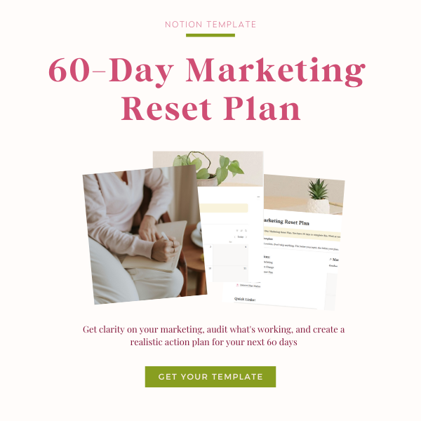 Image of a marketing reset plan template with a person holding a pen, and pages with plant images and text about marketing.