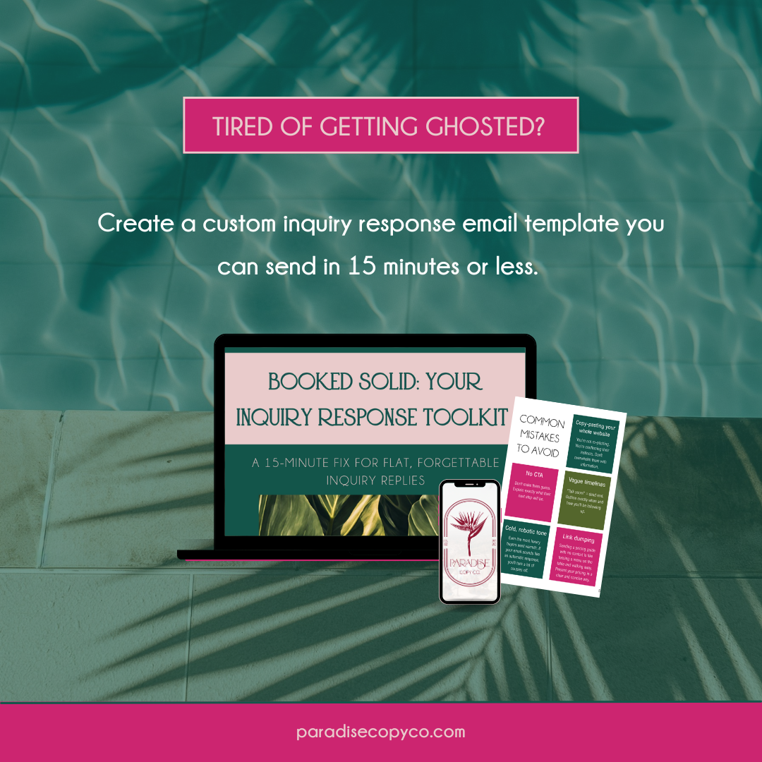 An advertisement promoting a customizable inquiry response email template with the headline 'Tired of getting ghosted?'. The background features a swimming pool, with a laptop, smartphone, and a printed chart displayed in the foreground. The website 