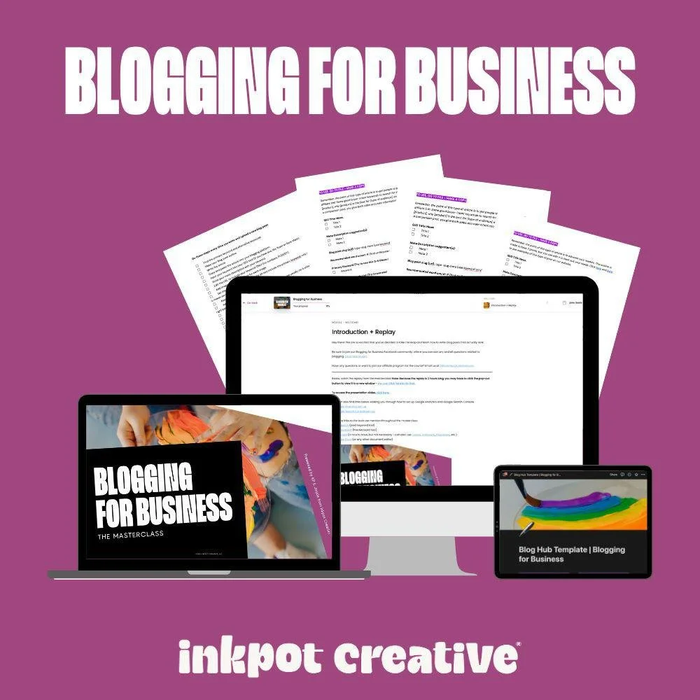 Promotion image for a blogging course titled "Blogging for Business" by Inkpot Creative. The image features multiple electronic devices—laptop, tablet, and desktop monitor—displaying the course content and promotional material, with printed documents