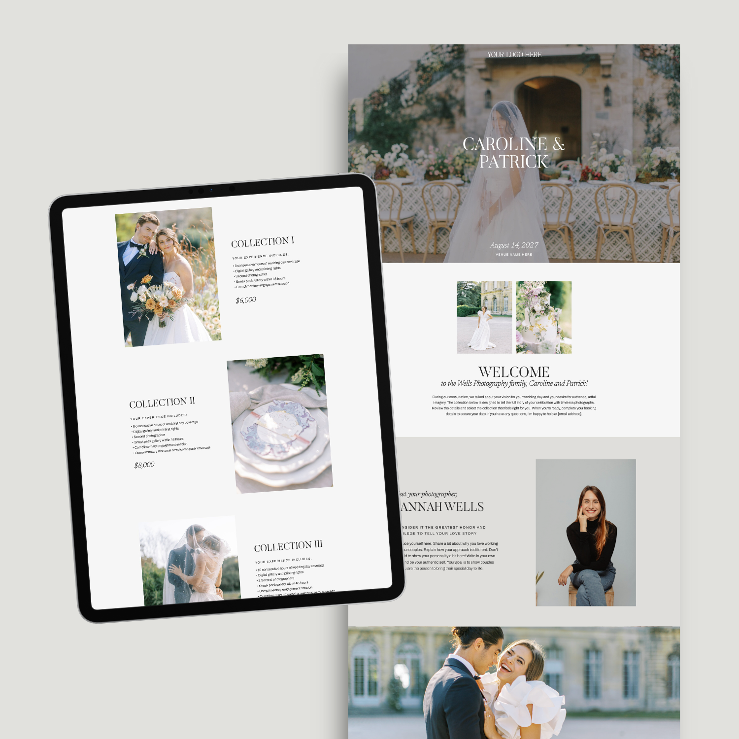 Wedding brochure and digital tablet displaying wedding photography service packages, featuring images of couples, floral arrangements, and a bride, with text about event collections and a welcome message.