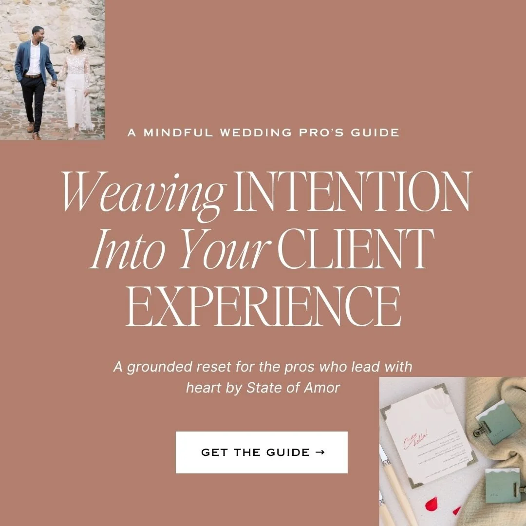 A promotional graphic with a photo of a couple holding hands and walking outdoors in the top left corner, and digital devices with stationery on a table in the bottom right corner. The text overlay promotes a mindful wedding professional's guide to w