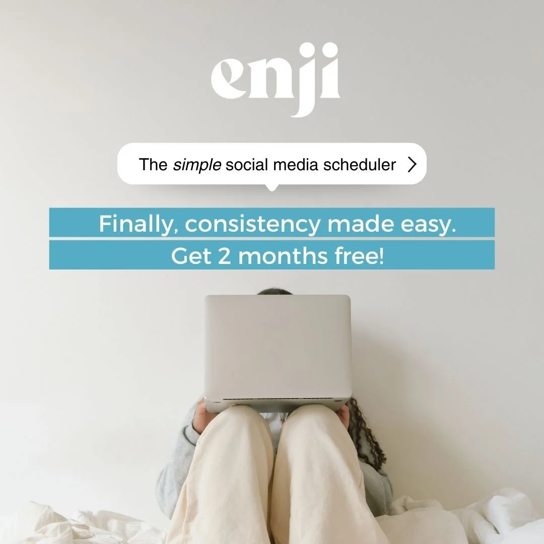 A person sitting on a bed with knees up, using a laptop. The background features promotional text for enjo, a social media scheduler, highlighting ease of use and a special offer.