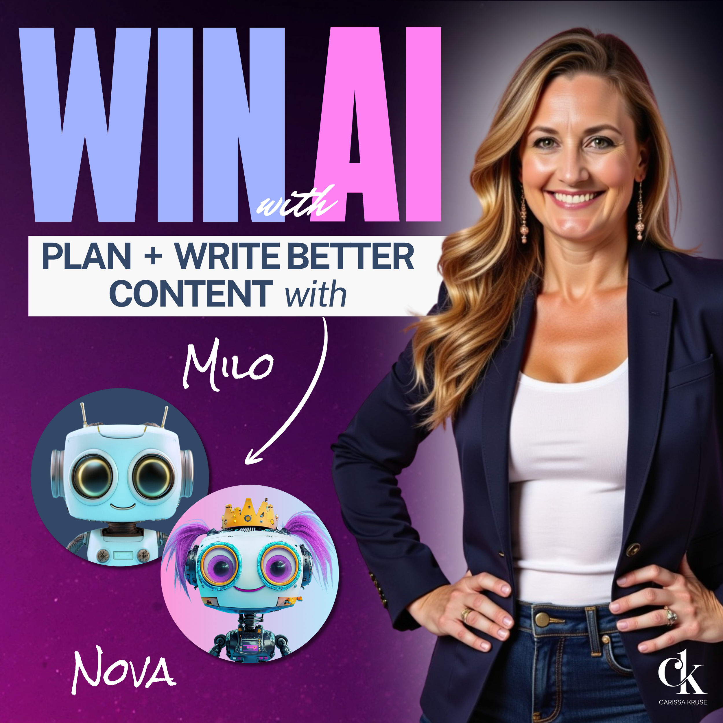 A promotional graphic featuring a woman with long blonde hair, wearing a navy blazer and white top, smiling confidently with her hands on her hips. The background is purple with star-like specks. Text reads 'WIN AI with PLAN + WRITE BETTER CONTENT wi