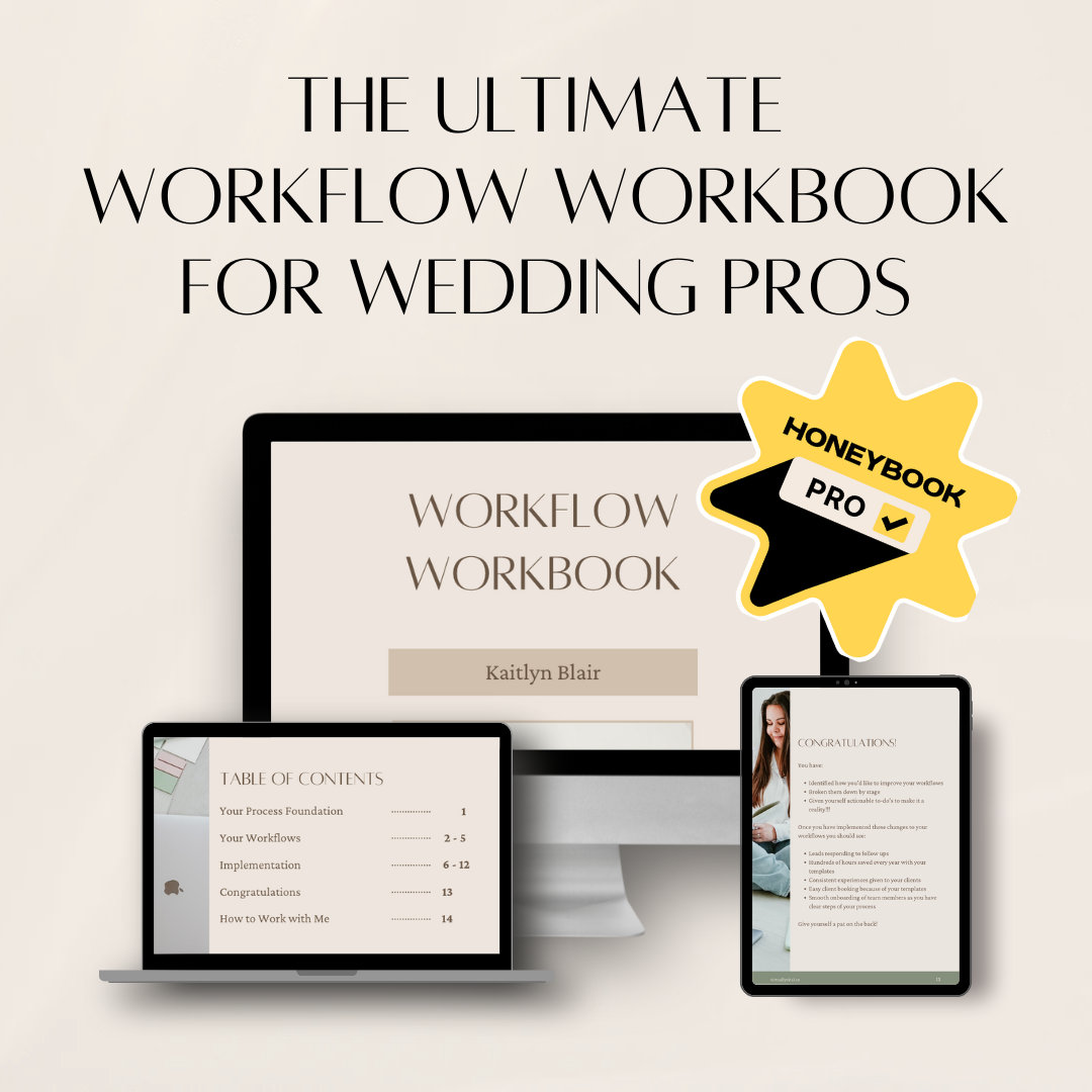 Cover of a wedding workflow workbook titled 'The Ultimate Workflow Workbook for Wedding Pros' by Kaitlyn Blair, displayed on a desktop monitor, laptop, and tablet, with a honey book pro badge overlay.