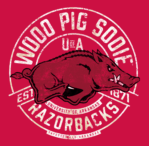 Logo of the University of Arkansas Razorbacks with a pig illustration and text 'Wooo Pig Sooie' and 'U of A'.
