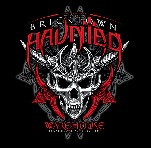 Logo for the 23rd Annual Bricktown Haunted Warehouse event in Oklahoma City, Oklahoma, featuring a menacing skull with horns and red accents.