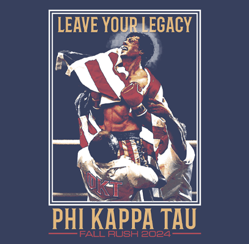 Apparel design of Rocky celebrating victory with a flag, surrounded by a referee or coach, promoting Phi Kappa Tau fraternity for fall rush 2024.