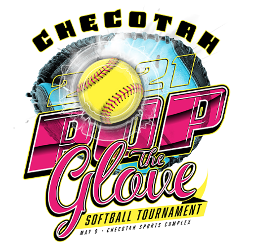 Apparel design for the 2023 Checotah Softball Tournament at the Chеcotah Sports Complex, featuring a yellow softball with red stitching, surrounded by a cracked blue surface, with vibrant pink and yellow text.