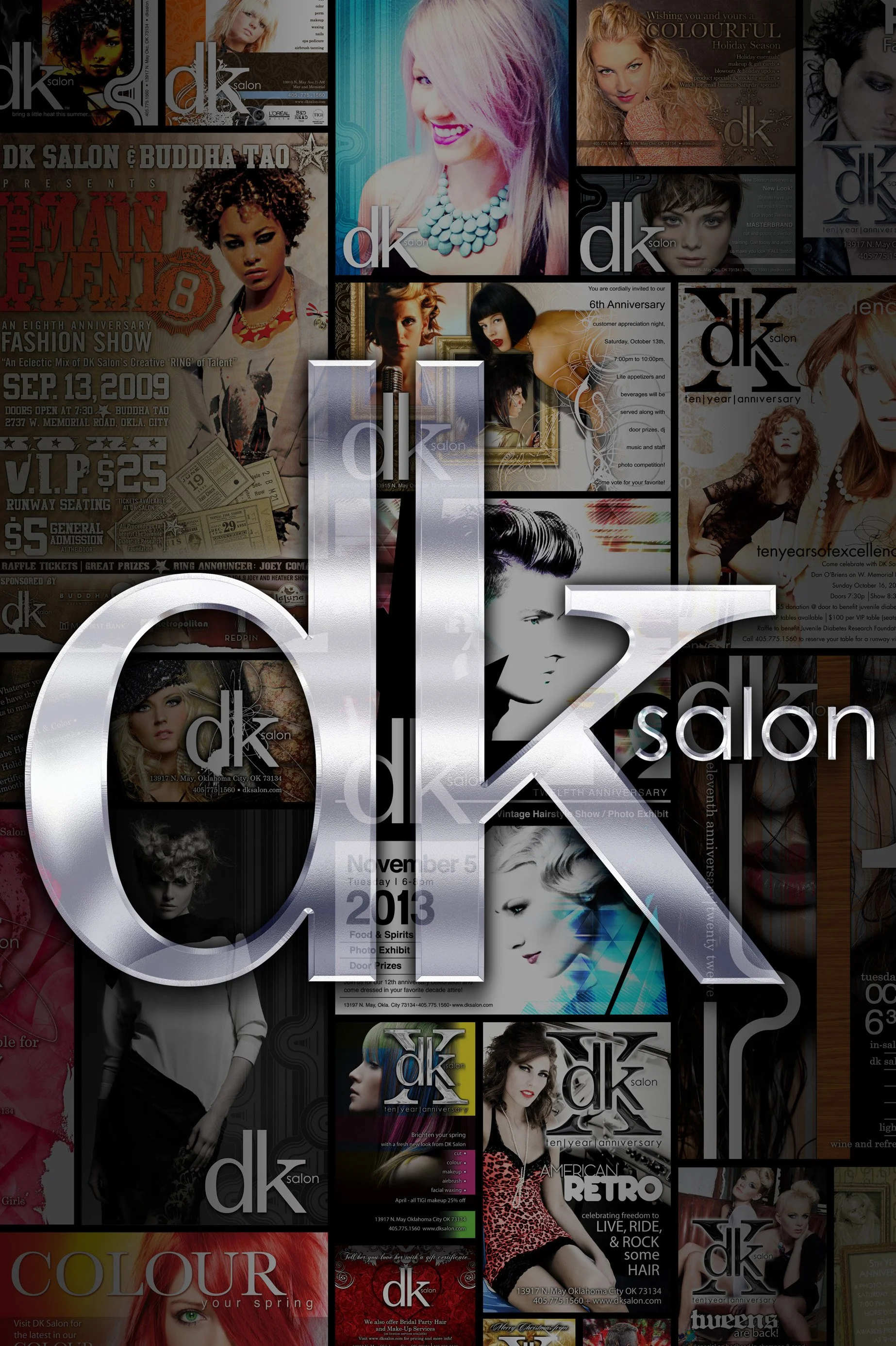 Collage of promotional images and flyers for DK Salon, featuring models with various hairstyles and makeup, event announcements, and salon branding.