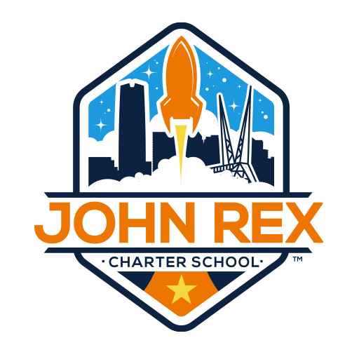 Logo for John Rex Charter School featuring a rocket launching over cityscape with stars, enclosed in a shield with a star at the bottom.