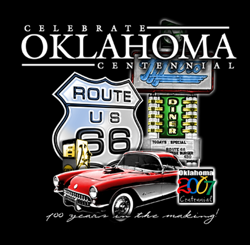 Celebrating Oklahoma's 100 years with Route 66 signs, a vintage red and white convertible car, and iconic memorabilia for the Oklahoma Centennial 2007.